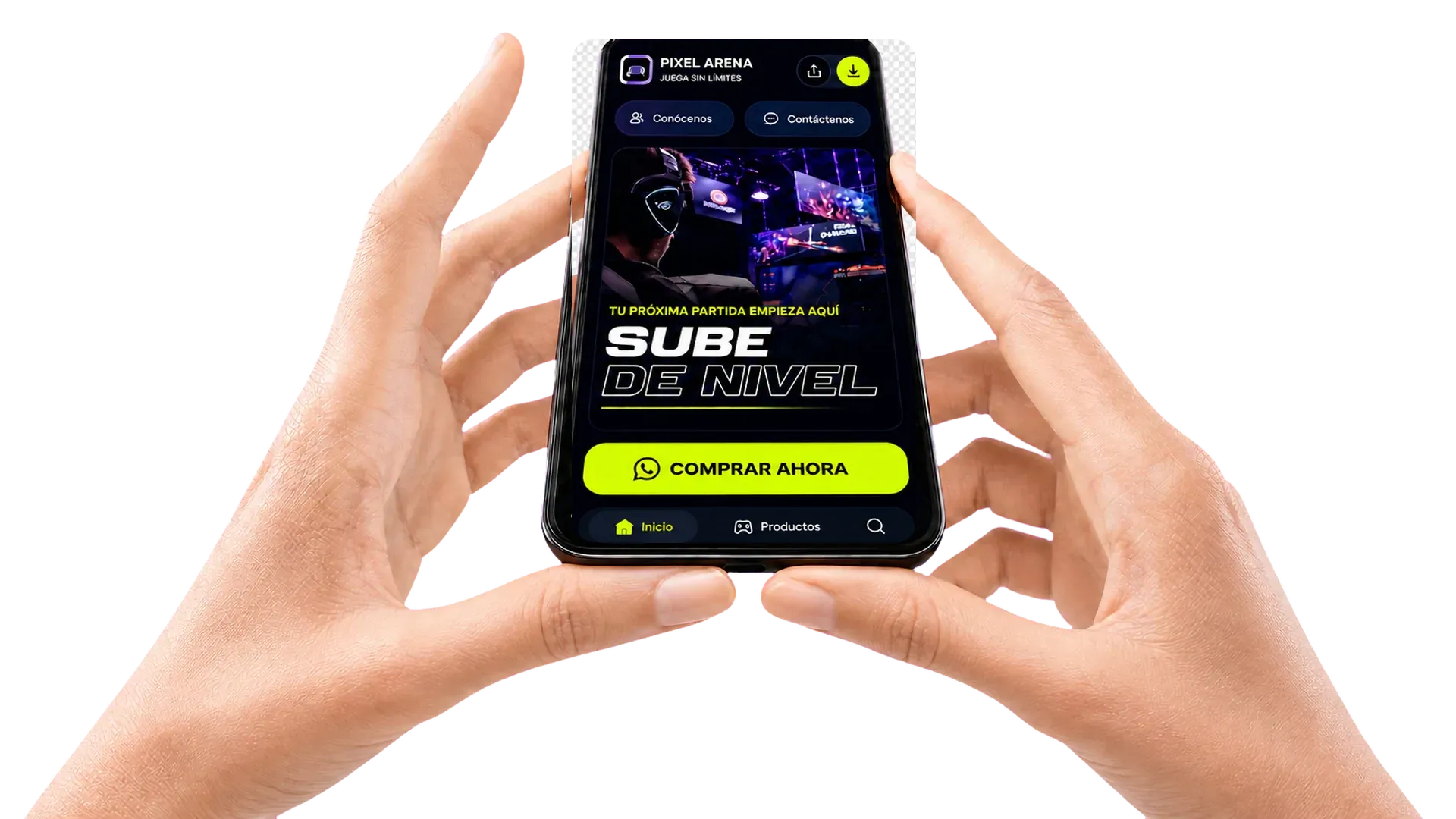 Dos manos sostienen un celular con la demostración moderna de Pixel Arena